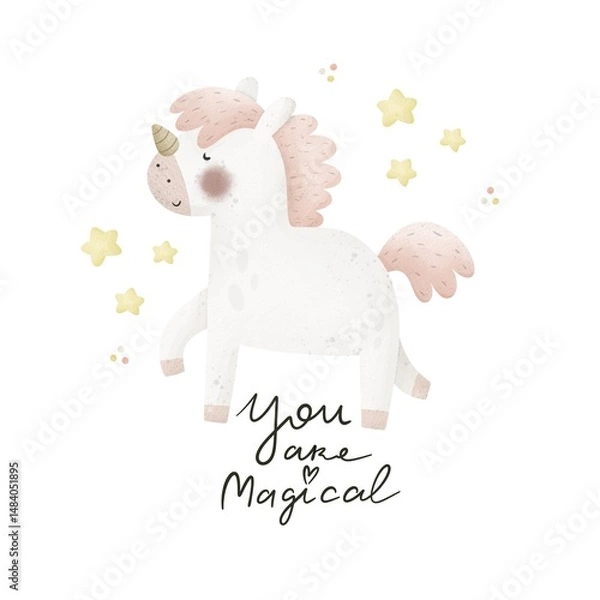 Obraz Cartoon unicorn, hand drawing lettering. Colorful illustration, flat style. design for cards, print, poster	