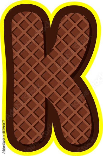 Obraz Delicious cartoon alphabet letter K styled as chocolate wafer with yellow outline. Perfect for food-themed designs, kids projects, packaging, and digital crafts. Isolated PNG on transparent background