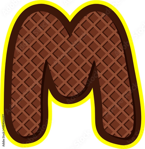 Obraz Delicious cartoon alphabet letter M styled as chocolate wafer with yellow outline. Perfect for food-themed designs, kids projects, packaging, and digital crafts. Isolated PNG on transparent background