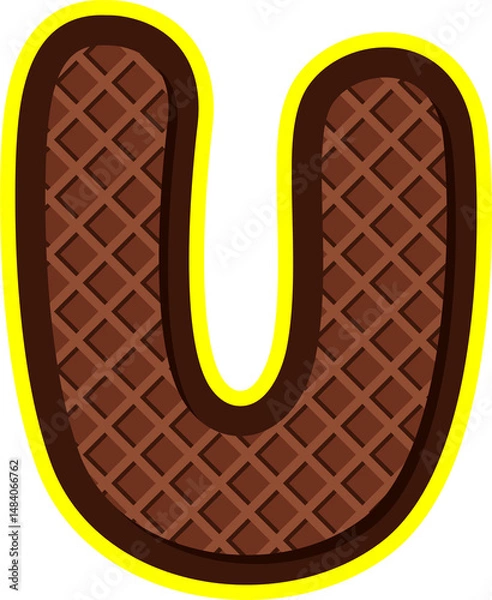 Obraz Delicious cartoon alphabet letter U styled as chocolate wafer with yellow outline. Perfect for food-themed designs, kids projects, packaging, and digital crafts. Isolated PNG on transparent background