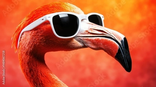Fototapeta Vibrant flamingo portrait with cool white sunglasses set against a warm orange background for summer mood