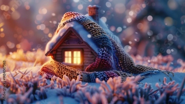 Fototapeta Cozy Winter Escape Small Wooden House Wrapped in Knitted Scarf Snow Covered Field Warm Light Serene Atmosphere