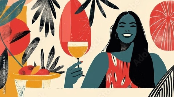 Fototapeta Abstract modern artwork of relaxed woman with a wine glass surrounded by tropical leaves
