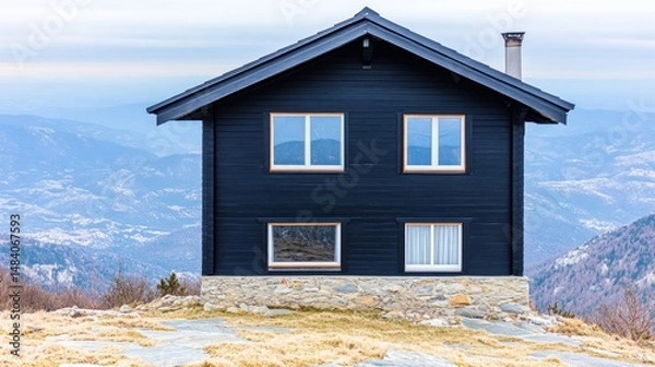 Fototapeta Moody Scandinavian House in a Mountain Setting Dark Wooden Cabin with a Chimney and a Panoramic View