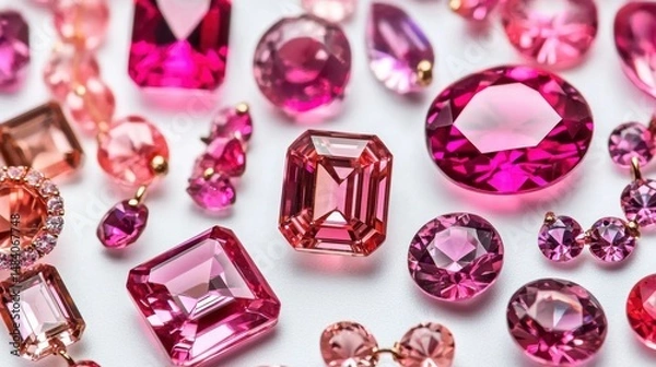 Fototapeta Radiant gemstones on white field glittering facets and saturated magenta hues a captivating display of precious cut stones