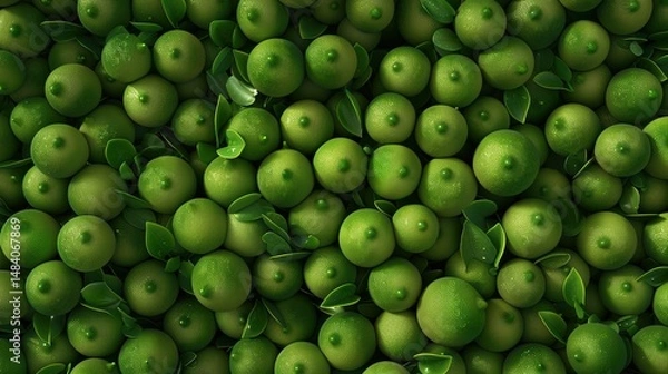 Fototapeta Dense assembly of fresh green limes and leaves overhead vibrant pattern ideal citrus concept