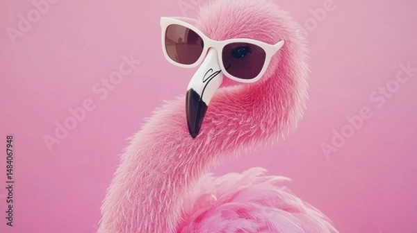 Fototapeta Whimsical Pink Flamingo Portrait with Sunglasses on Rose Background Capturing Summer Coolness and Fun