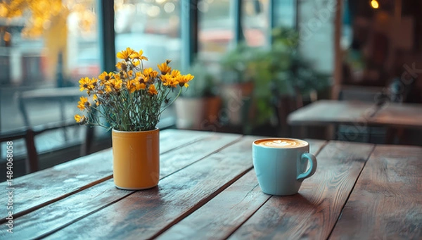 Obraz A cup of latte art coffee sits on a rustic wooden table next to a vase of yellow flowers, creating a warm and inviting atmosphere.