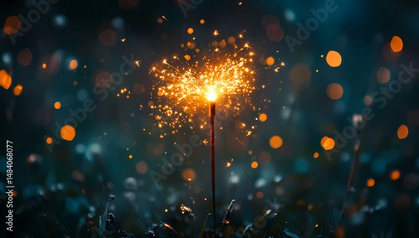 Obraz A single sparkler burns brightly against a dark, dreamy background, creating a magical, whimsical scene. The warm light contrasts beautifully with the cool, dark tones.