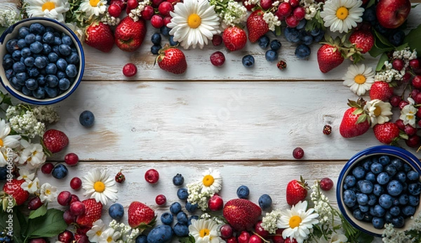 Obraz Fresh summer berries and flowers arranged on a rustic white wooden background.  A delicious and vibrant image perfect for recipes or seasonal content.