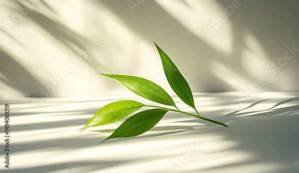 Obraz A sprig of vibrant green leaves rests on a pristine white surface, bathed in soft, natural light that casts delicate shadows.