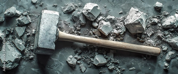 Obraz A heavy sledgehammer rests on a dark surface, surrounded by the gray rubble of broken stone. The image evokes a sense of strength and destruction.