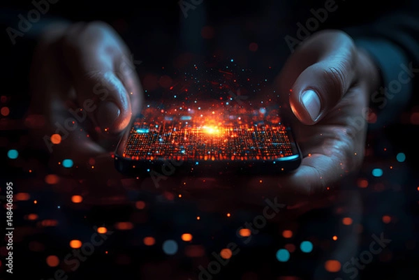 Obraz Close-up of hands holding a phone with a vibrant digital display, showcasing a futuristic and technological concept. The warm and cool tones create a dynamic visual.