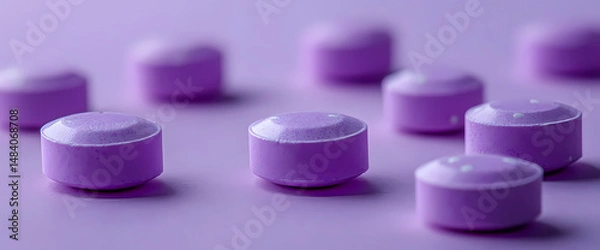 Obraz Close-up of several round, purple candies arranged on a purple surface.  The soft lighting and muted tones create a calming, serene mood.