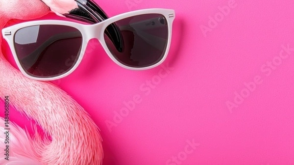 Fototapeta Fun summer vacation mood with flamingo sunglasses on vibrant pink background in flat lay style