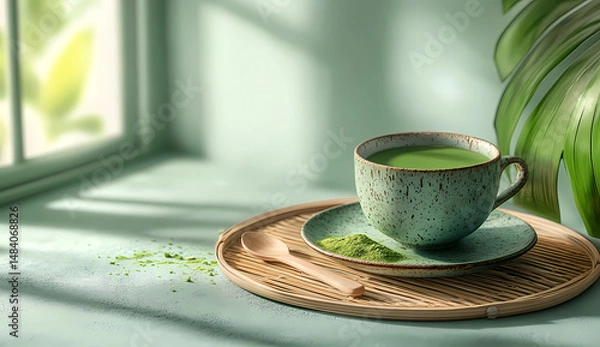 Obraz A serene moment with a cup of matcha tea. The soft, green hues and natural light create a calming atmosphere. Perfect for relaxation and mindfulness.