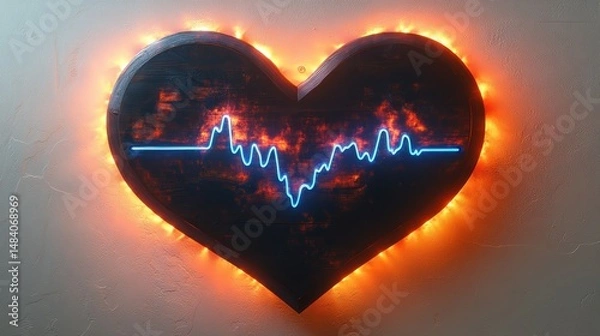 Fototapeta Heart rate monitor neon glow in a heart shape on wall background health and wellbeing symbol
