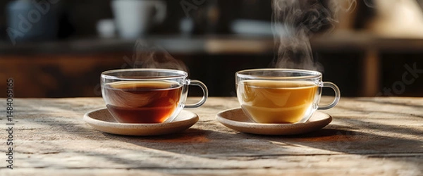 Obraz Two steaming cups of tea sit on a rustic wooden table, bathed in warm sunlight. One cup holds dark tea, the other a lighter brew.