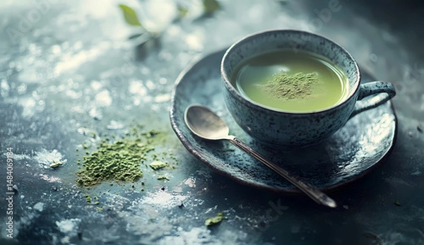 Obraz A steaming cup of matcha tea sits on a rustic blue-toned surface, accompanied by a small spoon and loose matcha powder. The calming green hues create a serene atmosphere.