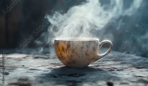 Obraz Steam rises from a rustic cup of tea, creating a tranquil and warm atmosphere. The speckled, off-white mug adds to the cozy ambiance.