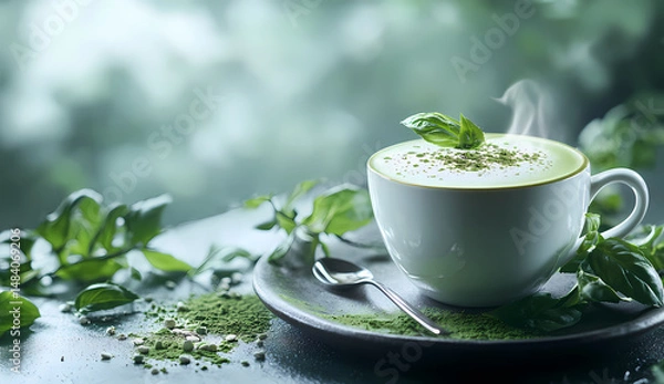 Obraz Steaming cup of matcha latte, garnished with fresh basil, sits on a dark surface among green leaves. A moment of tranquility and deliciousness.