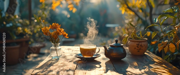 Obraz A steaming cup of tea sits on a rustic wooden table outdoors, surrounded by yellow flowers and potted plants. Warm sunlight creates a serene and peaceful atmosphere.