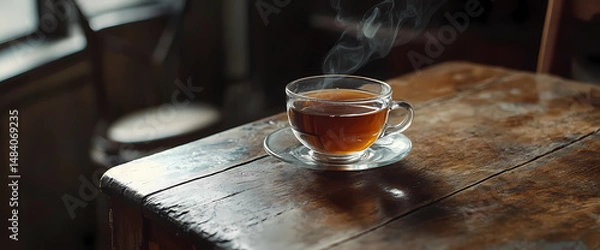 Obraz A steaming cup of tea sits on a rustic wooden table, bathed in warm light. The scene evokes a sense of calm and comfort.