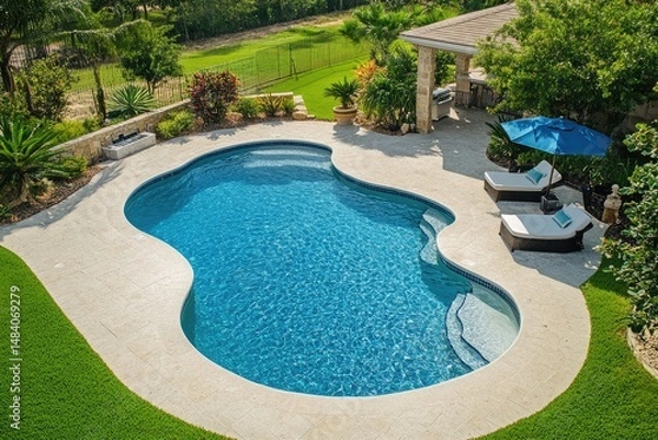Fototapeta A serene backyard oasis featuring a uniquely shaped pool, comfortable lounge chairs, and lush landscaping, perfect for relaxation.