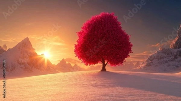 Fototapeta Majestic pink tree on snowy horizon with mountains at sunset capturing tranquil winter scene