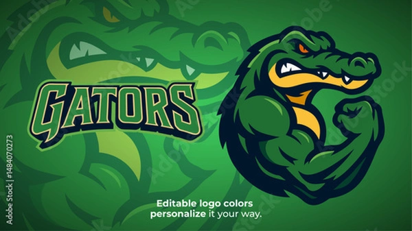 Obraz Flexing Gator Mascot Logo – Muscular Alligator Showing Biceps in Strong Pose Vector for E-Sport and Strength-Based Branding
