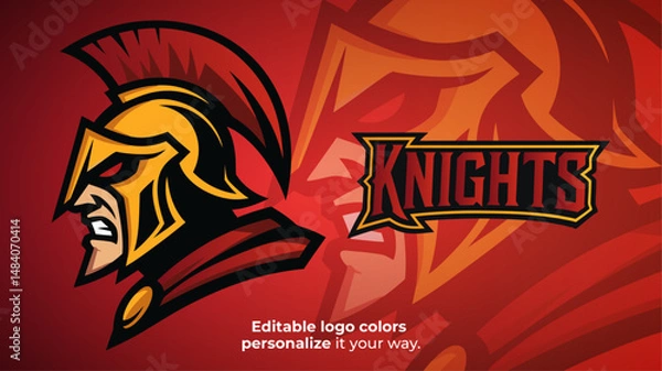 Fototapeta Roman Knight Mascot Logo – Golden Armored Warrior with Red Eyes in Side View Vector for E-Sport, Fantasy and Medieval Teams
