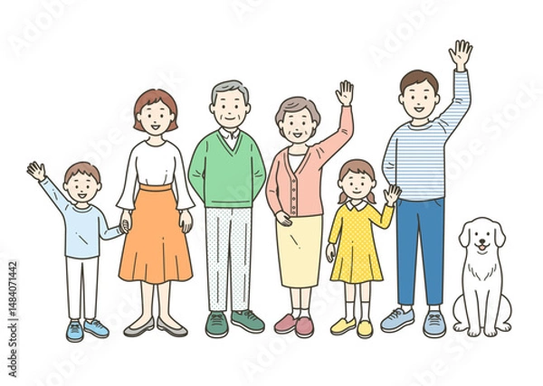 Obraz 三世代の家族とペットが集合して手を振る全身イラスト
