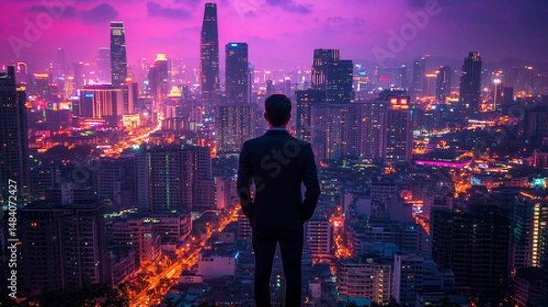 Fototapeta A back view of a businessman overlooking a futuristic, modern cityscape illuminated by bright light tones. The scene symbolizes real estate investment opportunities, representing a dynamic urban envir
