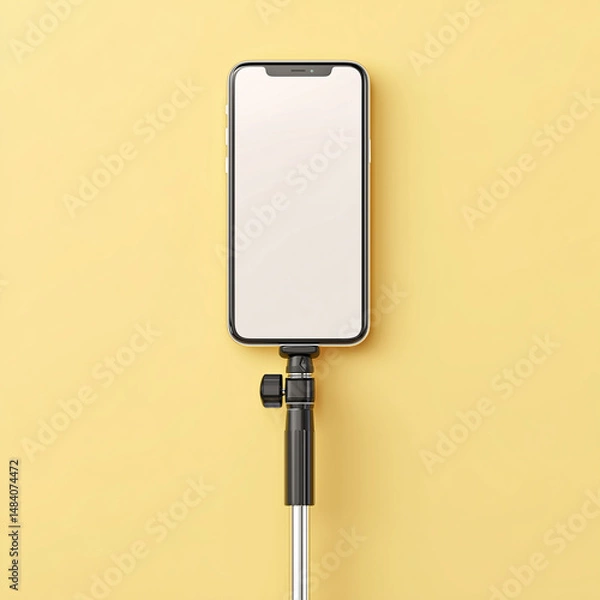 Obraz mobile phone with blank screen and selfie stick on a pale yellow background. mobile phone mockup. 