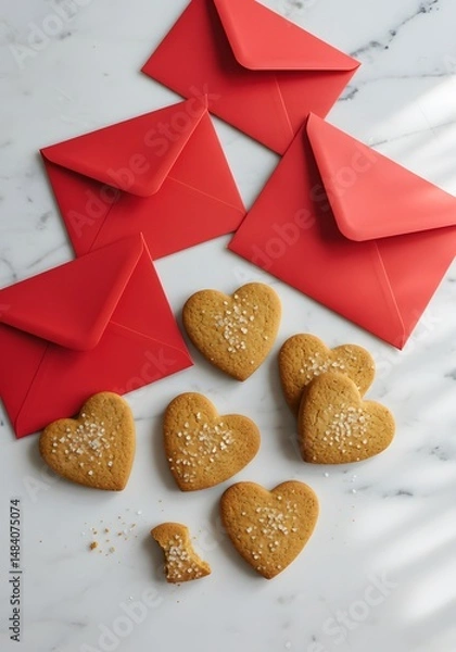 Fototapeta Minimalist flat lay of heart-shaped cookies and red envelopes, placed on marble background, top-down angle, natural window light.
