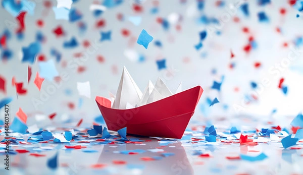 Obraz A red and white origami boat floats amidst a flurry of colorful confetti. A festive and celebratory image.