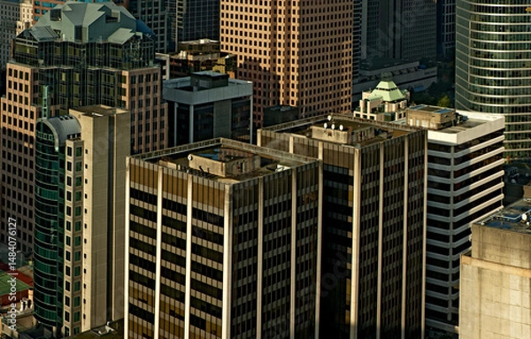 Fototapeta Vintage aerial of skyscrapers in Vancouver, British Columbia, Canada, in a compressed telephoto view from 2005 in late afternoon on a lovely fall day_20051003_v0003.