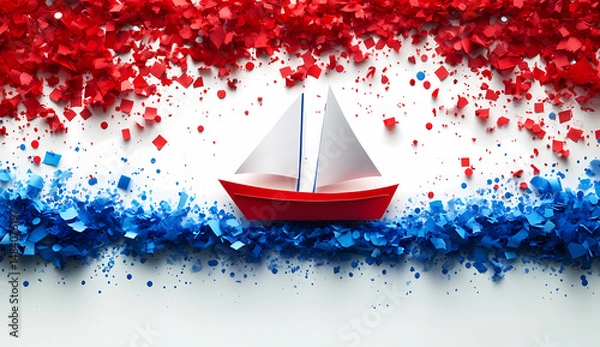 Obraz Red and white sailboat paper model navigating a sea of blue and red confetti. Festive and whimsical scene.