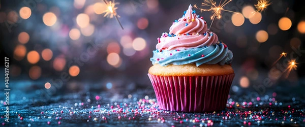 Obraz A single, delicious cupcake with pink and blue frosting, topped with sprinkles and a celebratory sparkler. Festive and sweet!