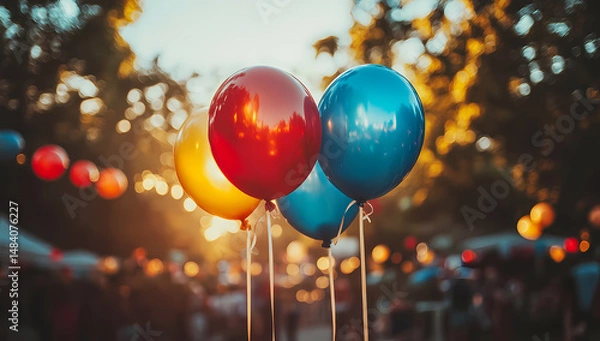 Obraz Three balloons in red, blue, and yellow float against a blurred background of people at an outdoor event during sunset. The warm lighting creates a festive atmosphere.