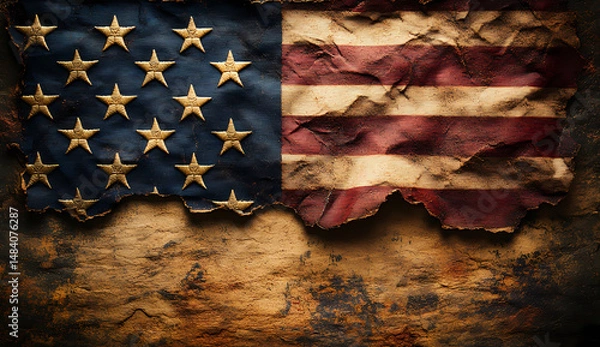 Obraz A weathered, tattered American flag hangs against a textured background. The rich tones and worn texture evoke a sense of history and patriotism.