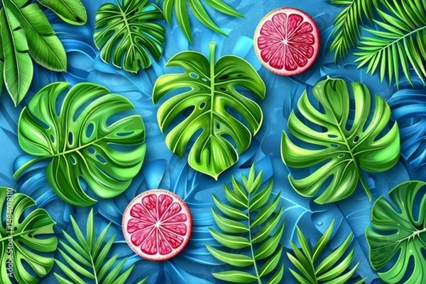 Fototapeta Vibrant tropical fruits and lush greenery on a blue background   summer flat lay inspiration