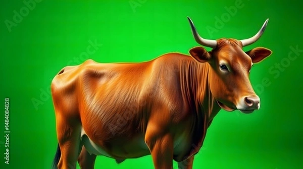Obraz Brown Cow Standing on Vibrant Green Background – High Quality Image