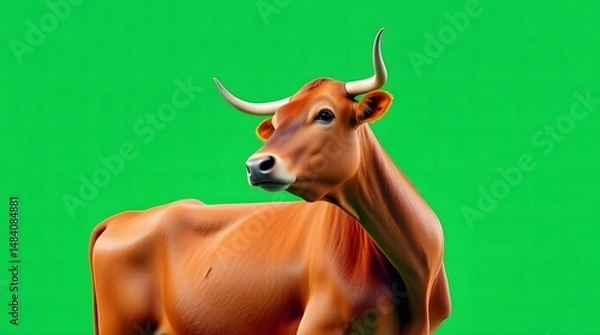 Obraz Brown Cow Standing on Vibrant Green Background – High Quality Image