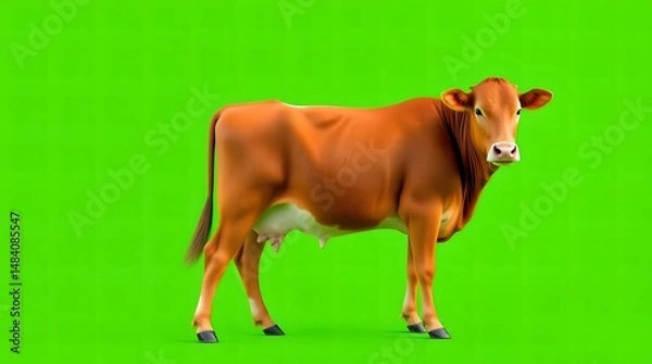 Obraz Brown Cow Standing on Vibrant Green Background – High Quality Image