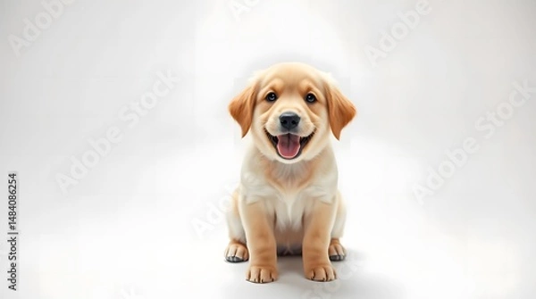 Obraz Adorable golden labrador puppy sitting and smiling on a white background – perfect for pet-themed content, dog training visuals, or heartwarming marketing material