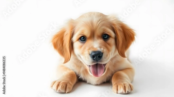 Obraz Adorable golden labrador puppy sitting and smiling on a white background – perfect for pet-themed content, dog training visuals, or heartwarming marketing materials