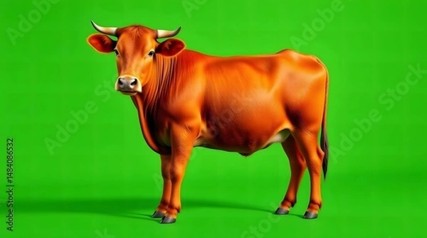 Obraz Brown Cow Standing on Vibrant Green Background – High Quality Image