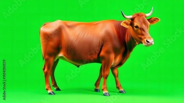 Obraz Brown Cow Standing on Vibrant Green Background – High Quality Image