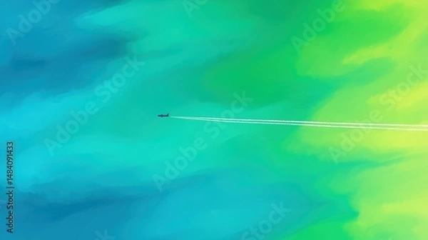 Fototapeta High-altitude shot a commercial airliner emitting long contrails across a deep green and blue sky, captured with a telephoto lens in smooth lateral motion.